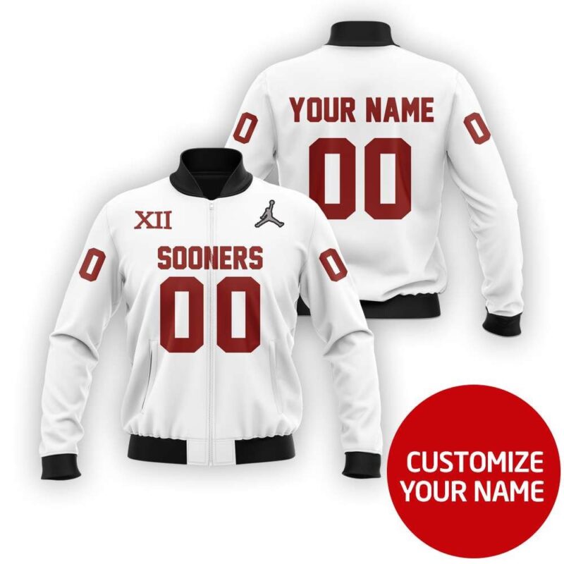 Oklahoma Sooners #00 Personalized White Jersey Style Gift With Custom Number Name For Sooners Fans Bomber Jacket BJ03657