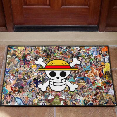 One Piece Anime Door Mat - Full Characters Background Big Skull Pirate Symbol Door Mat Welcome Mat