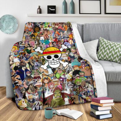 One Piece Anime Fleece Blanket Full Characters Background Big Skull Pirate Symbol Fleece Blanket 2
