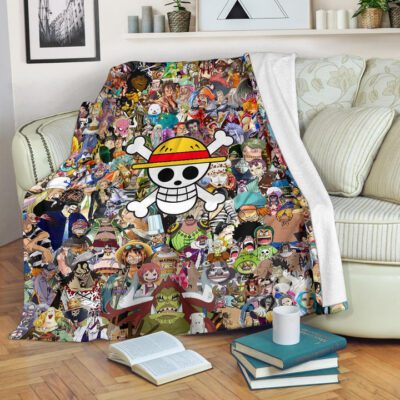 One Piece Anime Fleece Blanket - Full Characters Background Big Skull Pirate Symbol Fleece Blanket