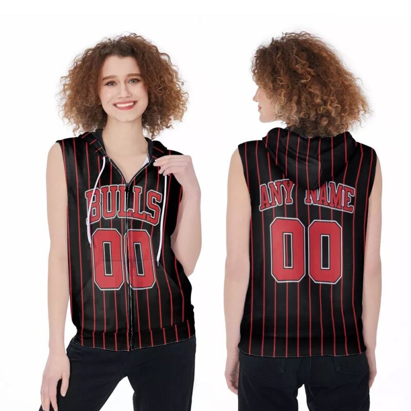 Personalized Chicago Bulls Any Name 00 90s Throwback Red Striped Black Jersey Inspired Zip Sleeveless Hoodie ZSH1974