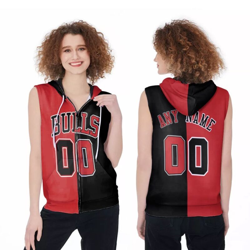 Personalized Chicago Bulls Any Name 00 90s Throwback Split Edition Red Black Jersey Inspired Style Zip Sleeveless Hoodie ZSH1910