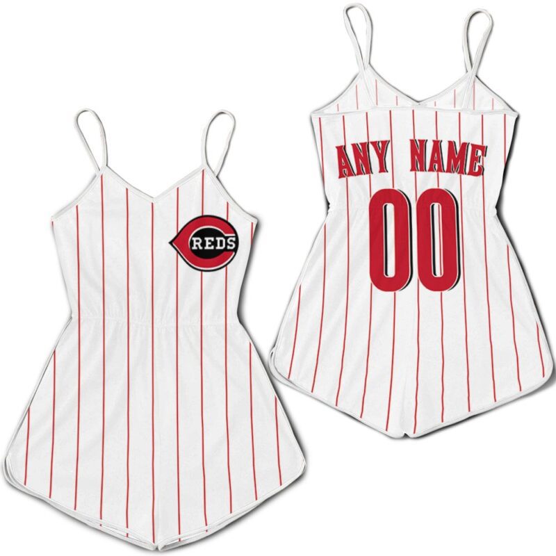 Personalized Cincinnati Reds Majestic 1999 Throwback White Red Striped Inspired Romper RJ01728