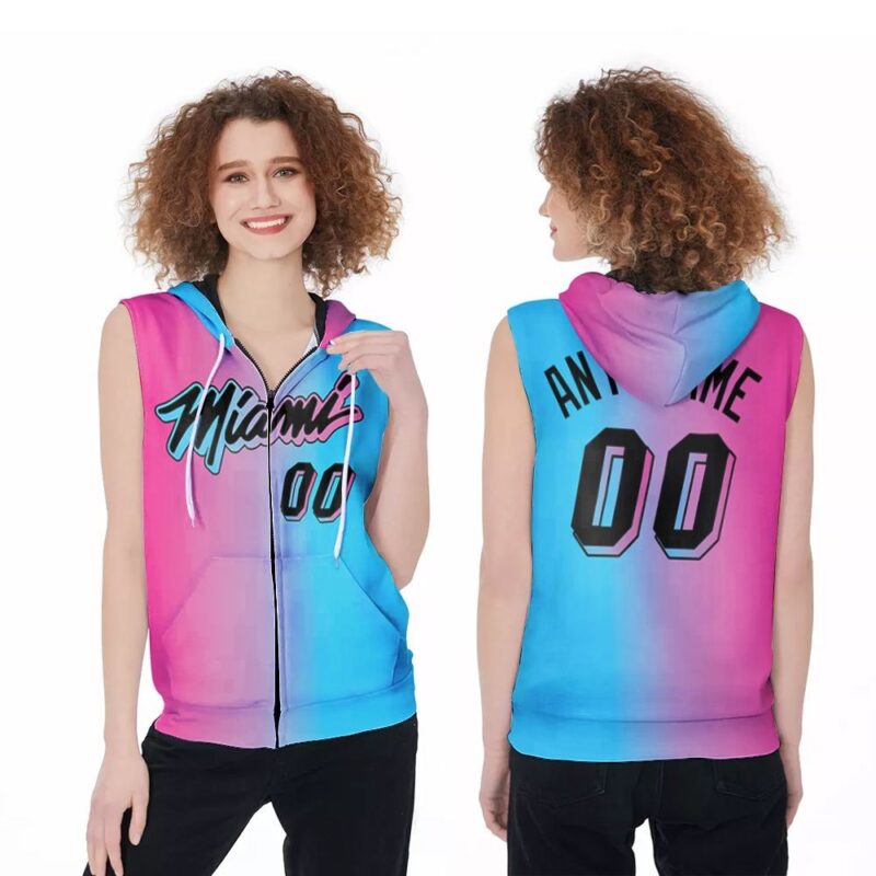 Personalized Miami Heat Any Name 00 Nba 2020 City Edition Split Pink Blue Jersey Inspired Style Zip Sleeveless Hoodie ZSH1909