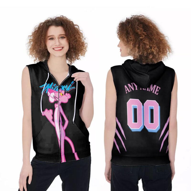 Personalized Miami Heat X Pink Panther Mashup Any Name 00 Black Jersey Inspired Style Zip Sleeveless Hoodie ZSH1576