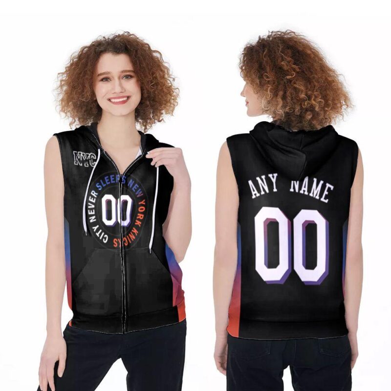 Personalized New York Knicks 00 Anyname 2020 Nba City Edition Black Jersey Inspired Style Gift For New York Knicks Fans Zip Sleeveless Hoodie ZSH0758