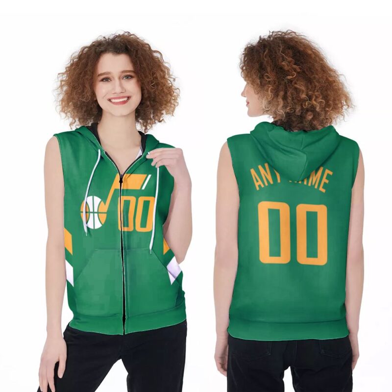 Personalized Utah Jazz 00 Anyname 2020-21 Earned Edition Green Jersey Inspired Style Gift For Utah Jazz Fans Zip Sleeveless Hoodie ZSH0539