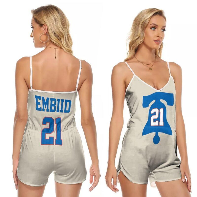 Philadelphia 76ers Joel Embiid 21 Great Player Earned Edition Cream NBA Gift For 76ers Fans Embiid Lovers V-neck Romper Jumpsuit RJ01347