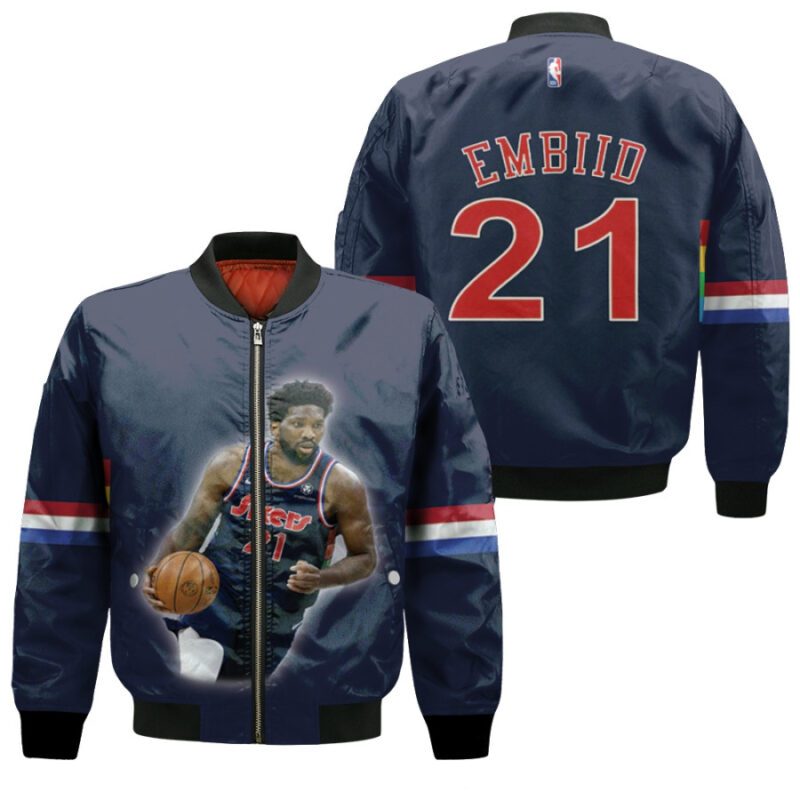 Philadelphia 76ers Joel Embiid 21 NBA Legendary Captain Navy Gift For 76ers Fans Bomber Jacket BJ00488