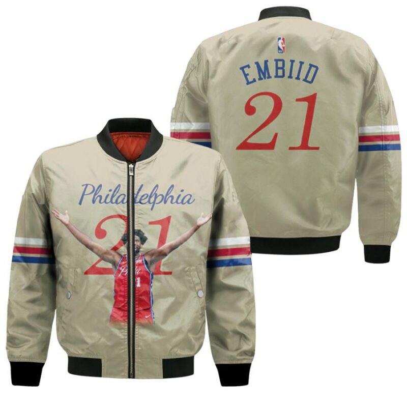 Philadelphia 76ers Joel Embiid 21 NBA Team 2020 Finished City Edition Cream Jersey Gift For 76ers Fans Bomber Jacket BJ00296