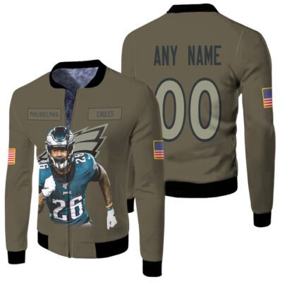 Philadelphia Eagles Miles Sanders 26 Olive Salute To Service 3D Personalized Gift With Custom Number Name For Eagles Fans Fleece Bomber Jacket