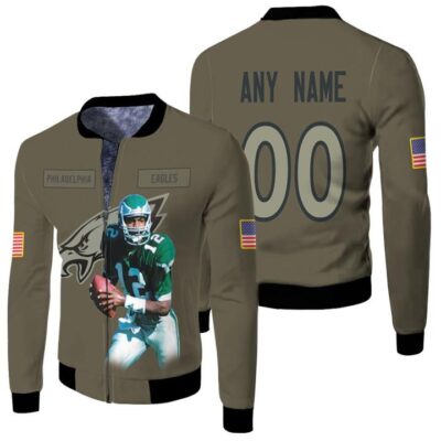 Philadelphia Eagles Randall Cunningham 12 Olive Salute To Service 3D Personalized Gift With Custom Number Name For Eagles Fans Fleece Bomber Jacket