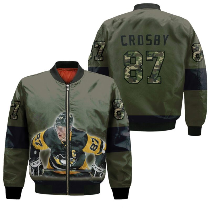 Pittsburgh Penguins Sidney Crosby 87 NHL Great Player Ice Hockey Olive Gift For Penguins Fans Bomber Jacket BJ00460