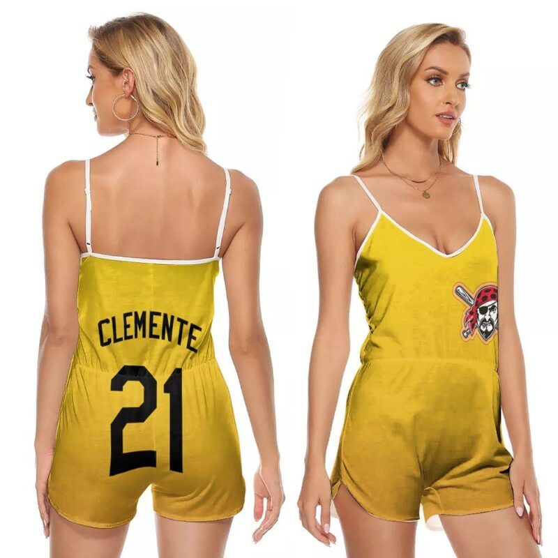 Pittsburgh Pirates Roberto Clemente #21 Great Player 2020 MLB Baseball Team Logo Yellow Gift For Pirates Fans V-neck Romper Jumpsuit RJ00188