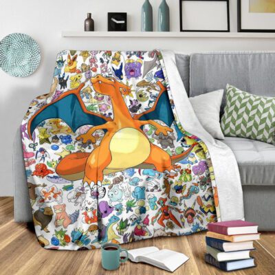 Pokemon Anime Fleece Blanket Charizard Flame Dragon Tiny Pokemon Patterns Background Fleece Blanket 2