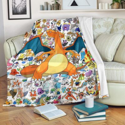 Pokemon Anime Fleece Blanket - Charizard Flame Dragon Tiny Pokemon Patterns Background Fleece Blanket