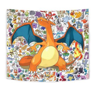Pokemon Anime Tapestry - Charizard Flame Dragon Tiny Pokemon Patterns Background Tapestry Wall Hanging