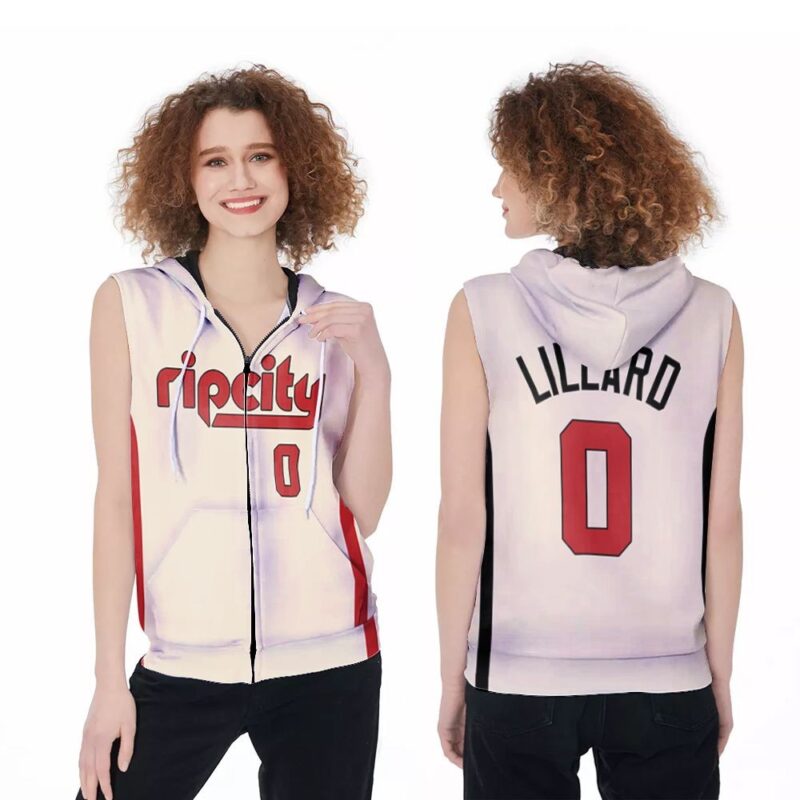 Portland Trail Blazers Damian Lillard 0 2020 Nba White Rip City Jersey Inspired Style For Portland Trail Blazers Fans Zip Sleeveless Hoodie ZSH0600