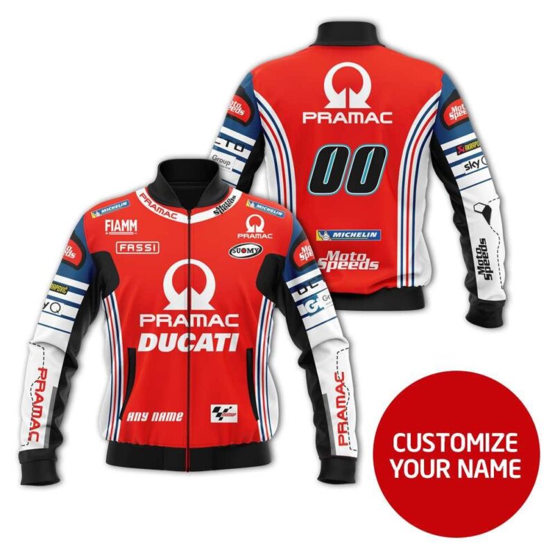 Pramac Ducati Motogp Racing Team #00 Michelin Red Racing Suit Style Gift With Custom Number Name For Pramac Ducati Racing Team Fans Bomber Jacket BJ03710