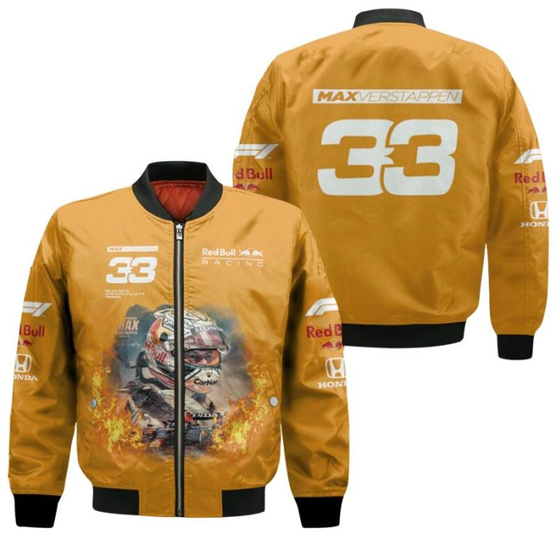 Red Bull Racing Max Verstappen 33 On Fire Signature Racing Motorsport Gift For Verstappen Fans Bomber Jacket BJ04082