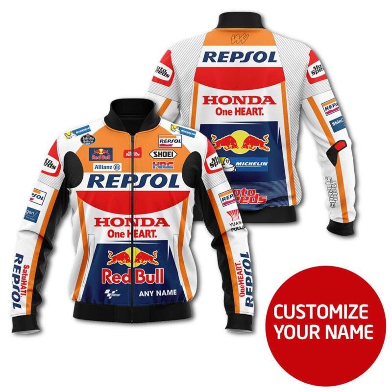 Repsol Racing Team Honda One Heart Red Bull White Racing Suit Style Gift With Custom Name For Repsol Racing Team Fans Bomber Jacket BJ03722