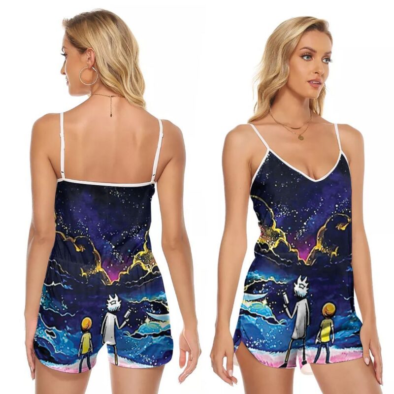 Rick And Morty Cartoon Movies Series Galaxy Gift For Rick And Morty Fans Rick And Morty Lovers V-neck Romper Jumpsuit RJ01317