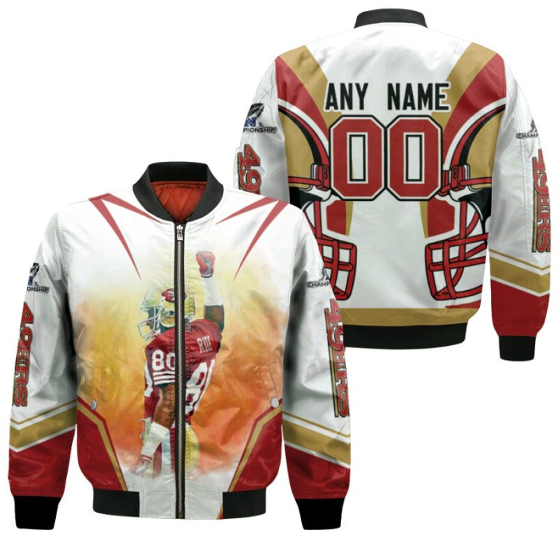 San Francisco 49ers Jerry Rice 00 NFL Team NFC Championship White Jersey Style Gift With Custom Number Name For 49ers Fans Bomber Jacket BJ00357