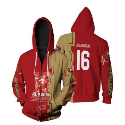 San Francisco 49ers Joe Montana 16 Great Player I Left My Heart In 49ers Signed NFL 3D Gift For 49ers Fans Zip Hoodie ZH01360