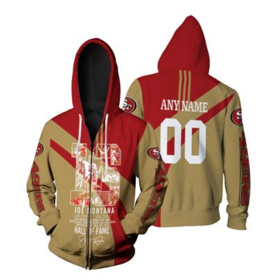 San Francisco 49ers Joe Montana 16 Hall Of Time Legend Captain 3D Custom Name Number For 49ers Fans Zip Hoodie ZH01344