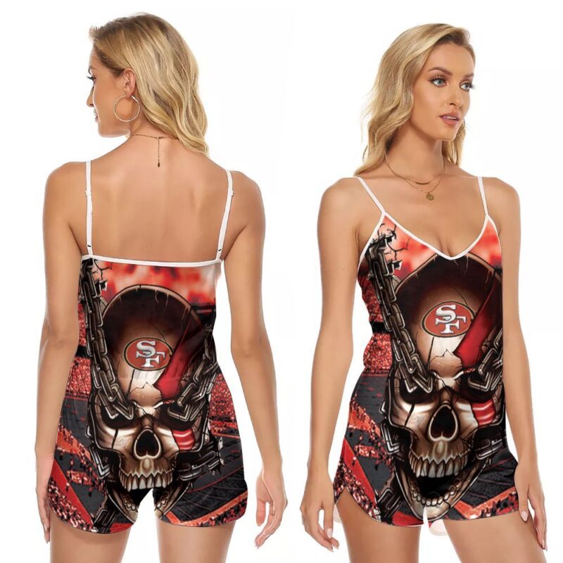 San Francisco 49ers logo skull chain red vapor3d designed for San Francisco 49ers fan V-neck Romper Jumpsuit RJ00702