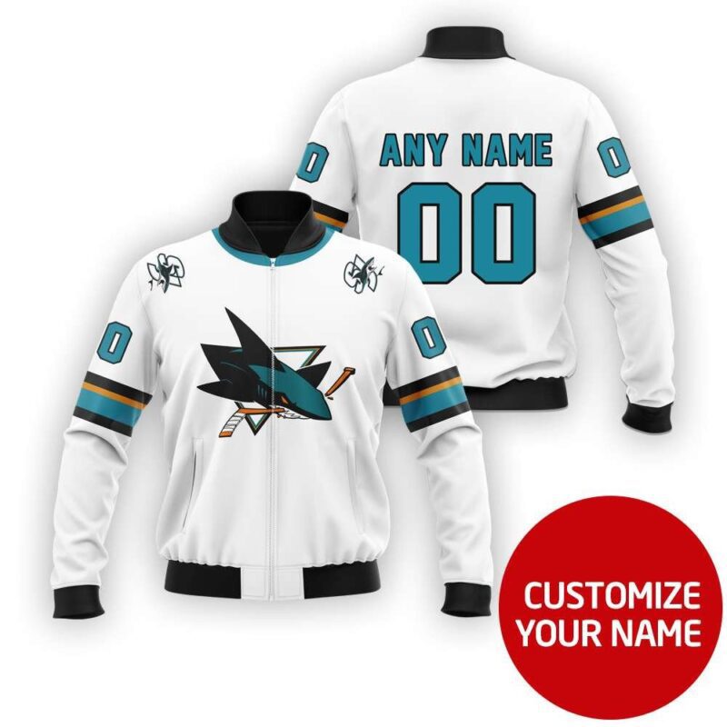 San Jose Sharks Nhl Hockey Team White Custom Number Name Gift For Sharks Fans Bomber Jacket BJ04007