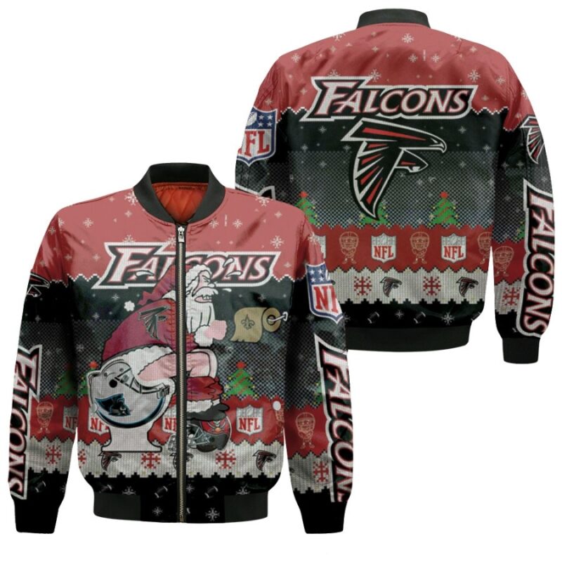 Santa Claus Atlanta Falcons Sitting on Panthers Saints Buccaneers Toilet Christmas Gift For Falcons Fans Bomber Jacket BJ01495