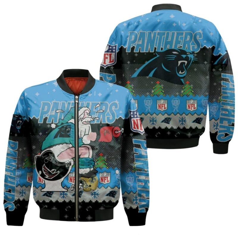 Santa Claus Carolina Panthers Sitting on Buccaneers Falcons Saints Toilet Christmas Gift For Panthers Fans Bomber Jacket BJ01444