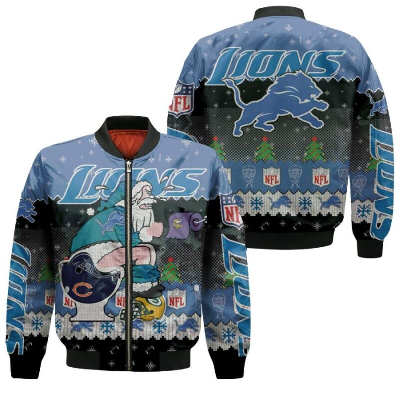 Santa Claus Detroit Lions Sitting on Vikings Bears Packers Toilet Christmas Gift For Lions Fans Bomber Jacket BJ01619