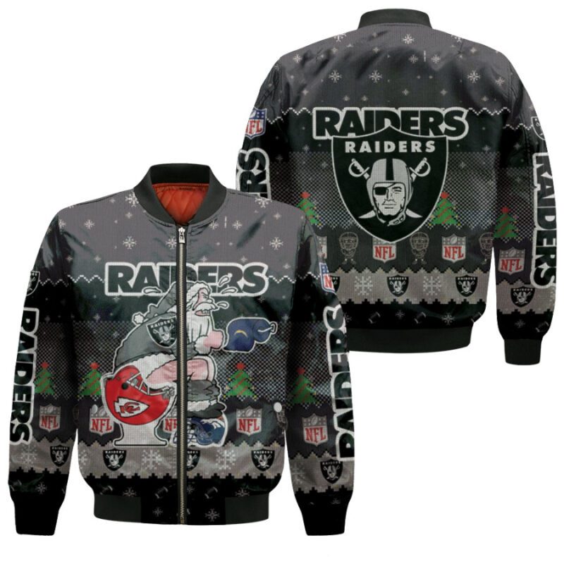 Santa Claus Oakland Raiders Sitting on Chargers Chiefs Broncos Toilet Christmas Gift For Raiders Fans Bomber Jacket BJ01566