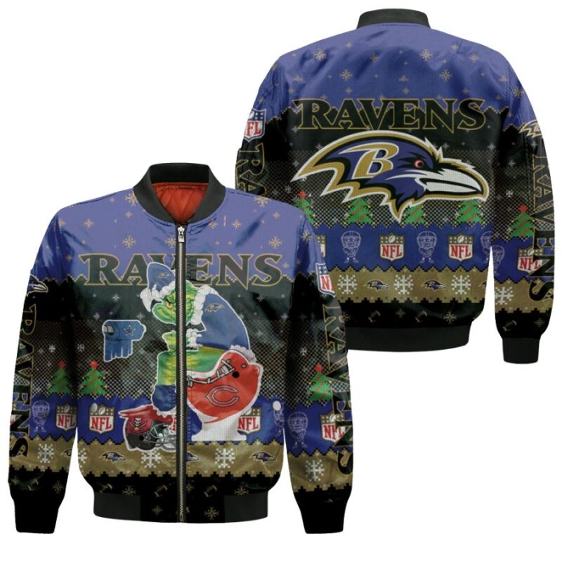 Santa Grinch Baltimore Ravens Sitting on Bears Cowboys Buccaneers Toilet Christmas Gift For Ravens Fans Bomber Jacket BJ01490