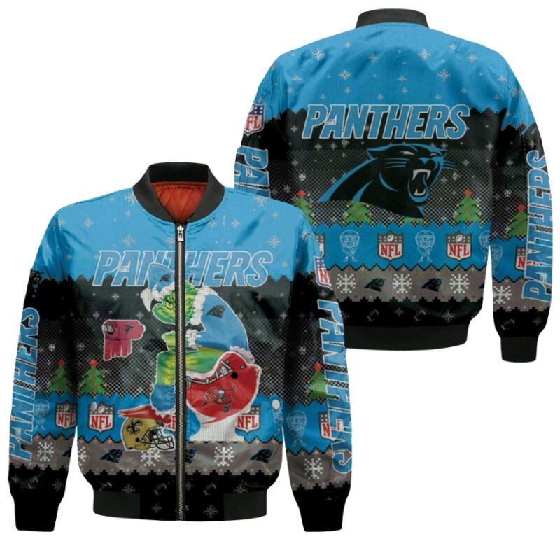 Santa Grinch Carolina Panthers Sitting on Buccaneers Falcons Saints Toilet Christmas Gift For Panthers Fans Bomber Jacket BJ01553