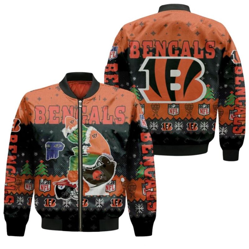 Santa Grinch Cincinnati Bengals Sitting on Browns Ravens Steelers Toilet Christmas Gift For Bengals Fans Bomber Jacket BJ01620