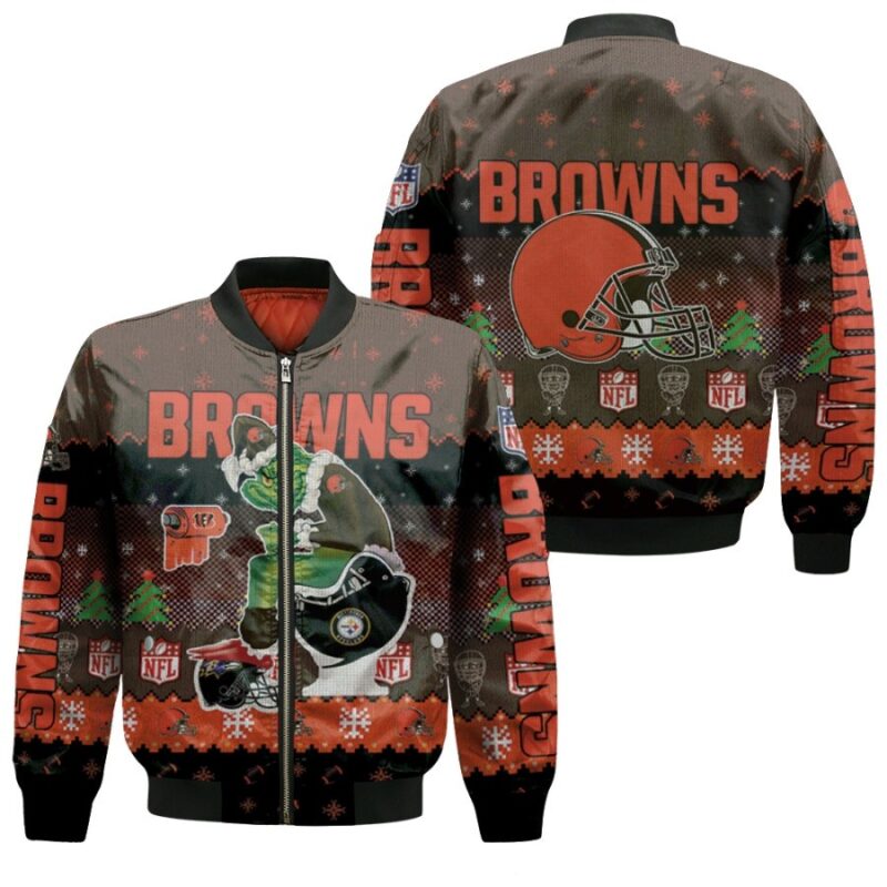 Santa Grinch Cleveland Browns Sitting on Steelers Bengals Ravens Toilet Christmas Gift For Browns Fans Bomber Jacket BJ01630
