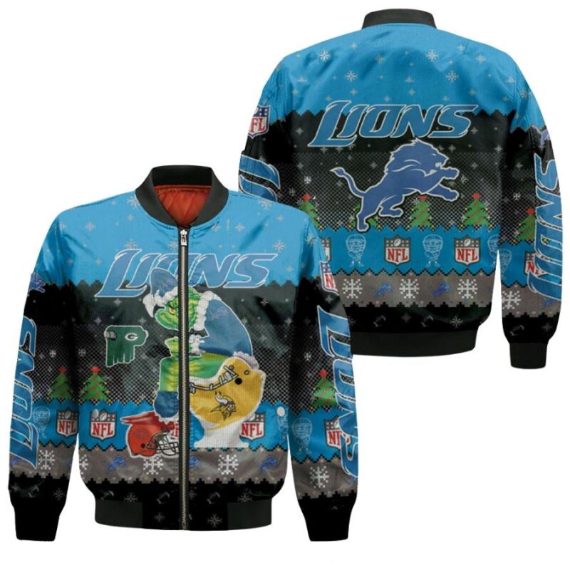 Santa Grinch Detroit Lions Sitting on Vikings Packers Bears Toilet Christmas Gift For Lions Fans Bomber Jacket BJ01561