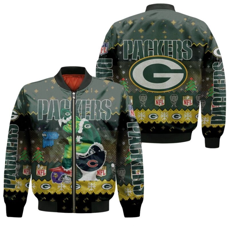 Santa Grinch Green Bay Packers Sitting on Bears Lions Vikings Toilet Christmas Gift For Packers Fans Bomber Jacket BJ01485