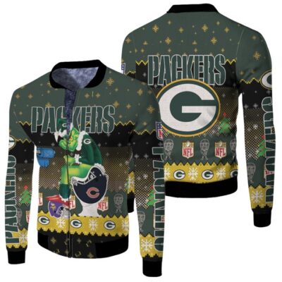 Santa Grinch Green Bay Packers Sitting on Bears Lions Vikings Toilet Christmas Gift For Packers Fans Fleece Bomber Jacket