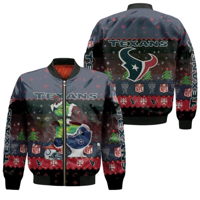 Santa Grinch Houston Texans Sitting on Titans Jaguars Colts Toilet Christmas Gift For Texans Fans Bomber Jacket BJ01638