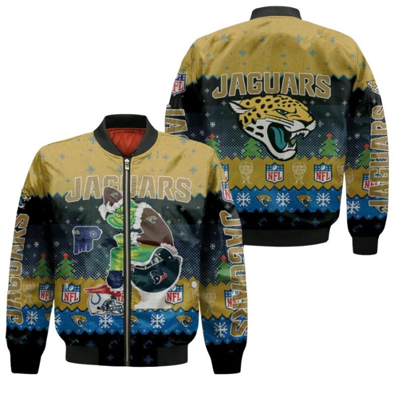 Santa Grinch Jacksonville Jaguars Sitting on Texans Titans Colts Toilet Christmas Gift For Jaguars Fans Bomber Jacket BJ01556