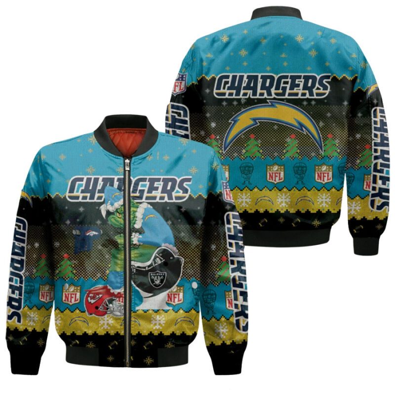 Santa Grinch Los Angeles Chargers Sitting on Raiders Broncos Chiefs Toilet Christmas Gift For Chargers Fans Bomber Jacket BJ01446