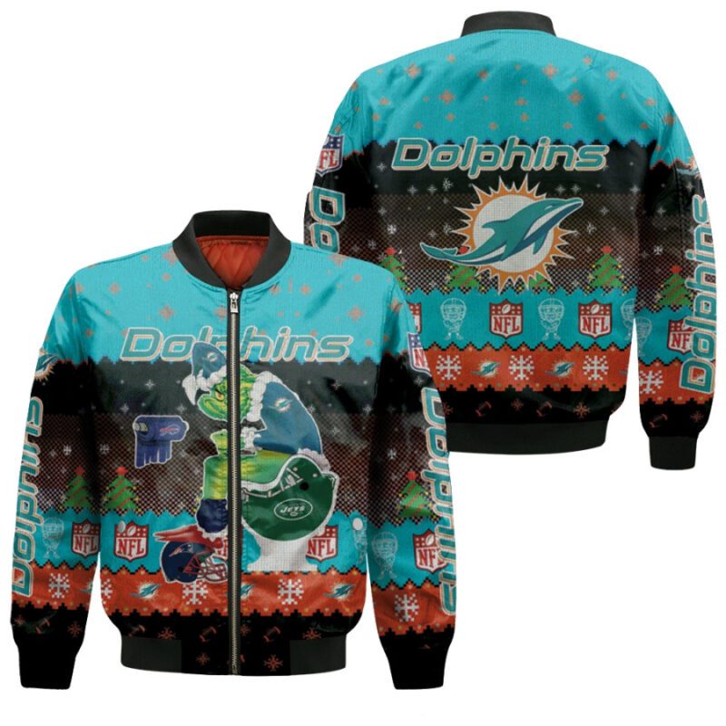 Santa Grinch Miami Dolphins Sitting on Jets Bills Patriots Toilet Christmas Gift For Dolphins Fans Bomber Jacket BJ01552