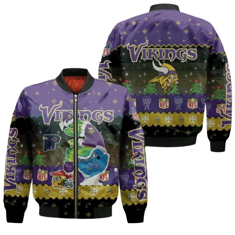 Santa Grinch Minnesota Vikings Sitting on Lions Bears Packers Toilet Christmas Gift For Vikings Fans Bomber Jacket BJ01564