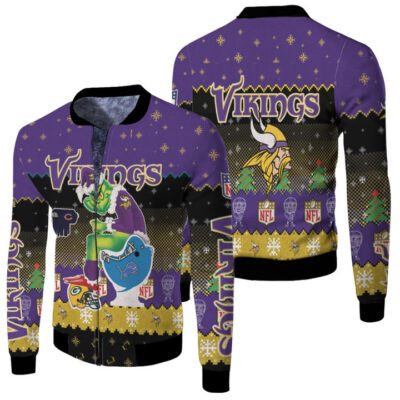 Santa Grinch Minnesota Vikings Sitting on Lions Bears Packers Toilet Christmas Gift For Vikings Fans Fleece Bomber Jacket