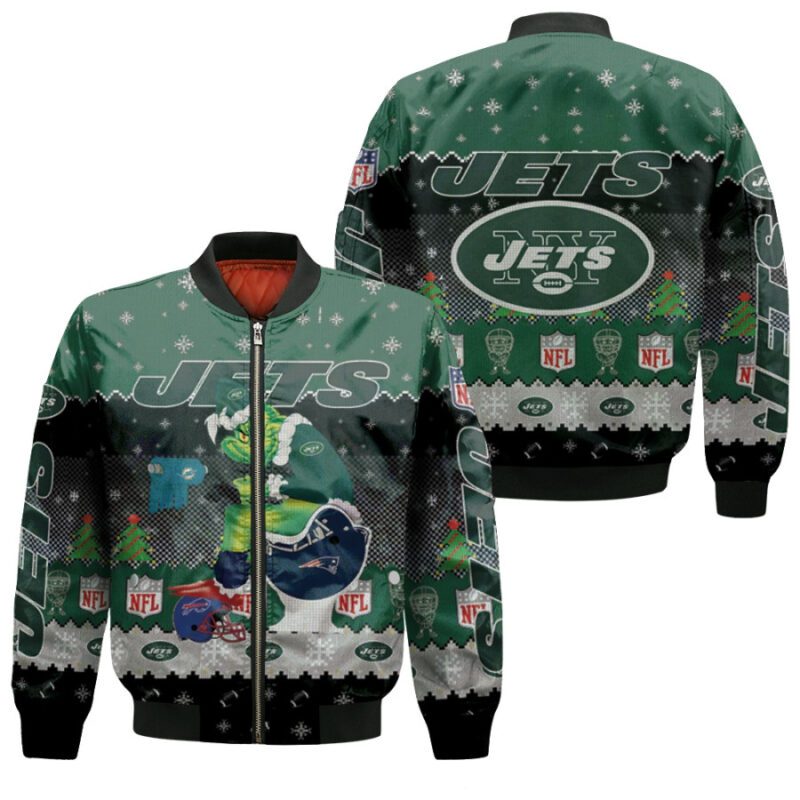 Santa Grinch New York Jets Sitting on Patriots Dolphins Bills Toilet Christmas Gift For Jets Fans Bomber Jacket BJ01550