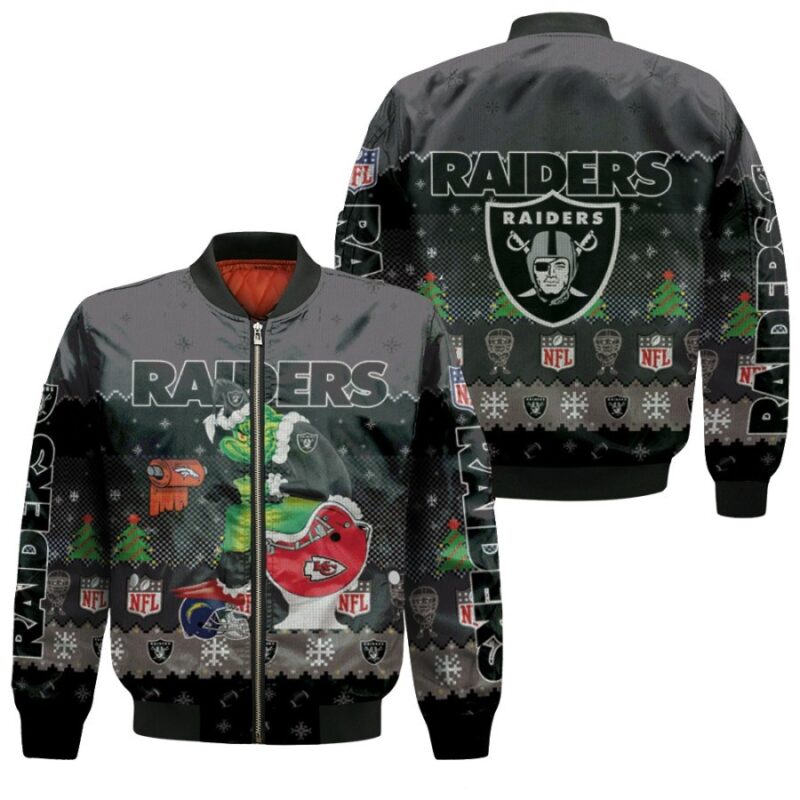 Santa Grinch Oakland Raiders Sitting on Chiefs Broncos Chargers Toilet Christmas Gift For Raiders Fans Bomber Jacket BJ01624